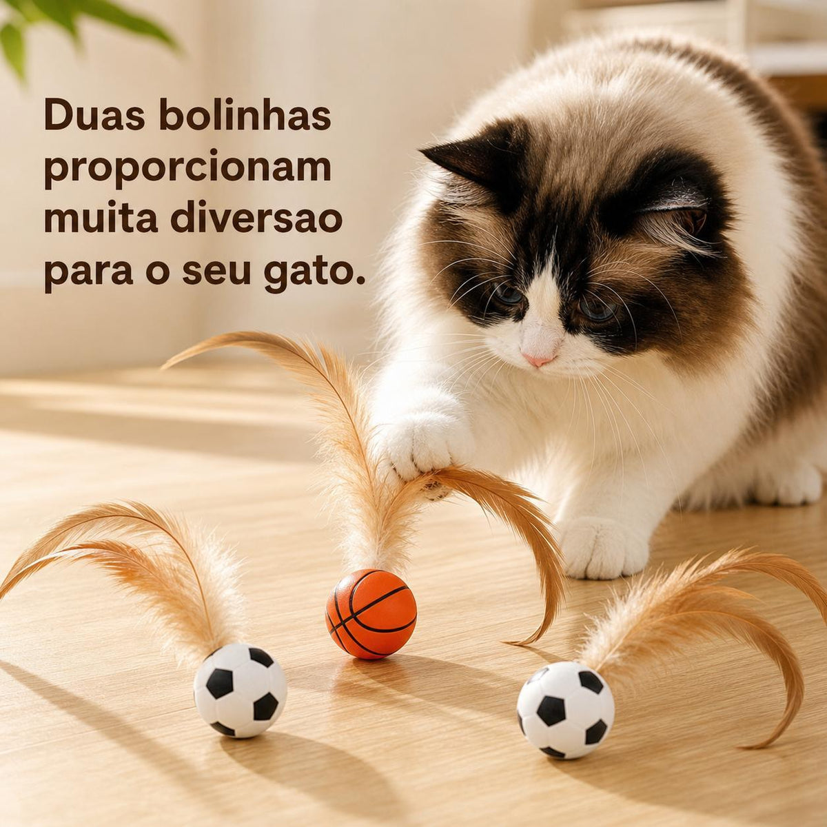 Brinquedo Interativo para Gatos 2 em 1 – Bola com Penas
