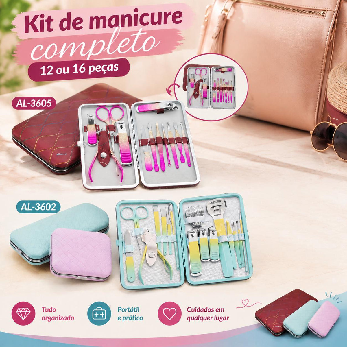 Kit de Manicure Completo 12 ou 16 Peças com Estojo Portátil