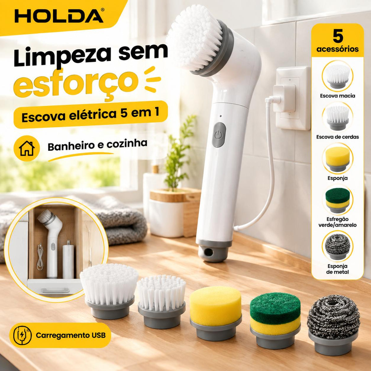 Escova Elétrica de Limpeza 5 em 1 Recarregável Multiuso