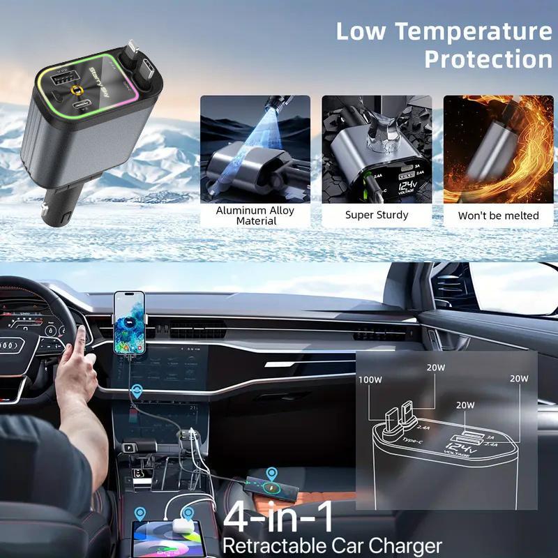 Carregador de carro retrátil de 120 W, 4 em 1, com luz LED para iPhone e Android da Vapto
