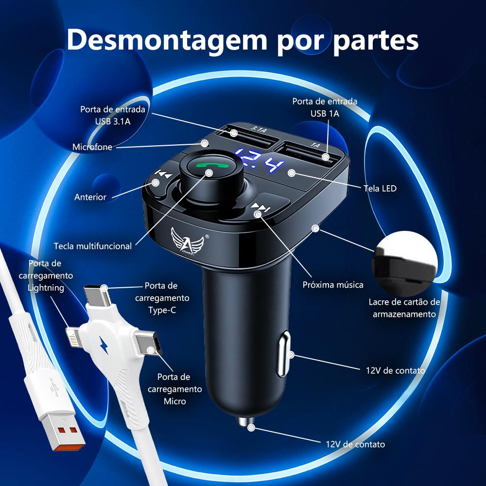 Carregador veicular retrátil com Bluetooth e carregamento rápido da Vapto