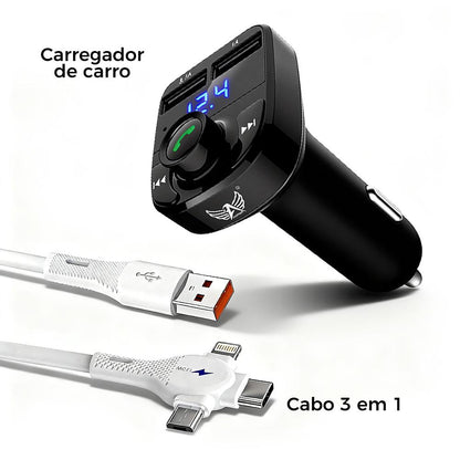 Carregador veicular retrátil com Bluetooth e carregamento rápido da Vapto