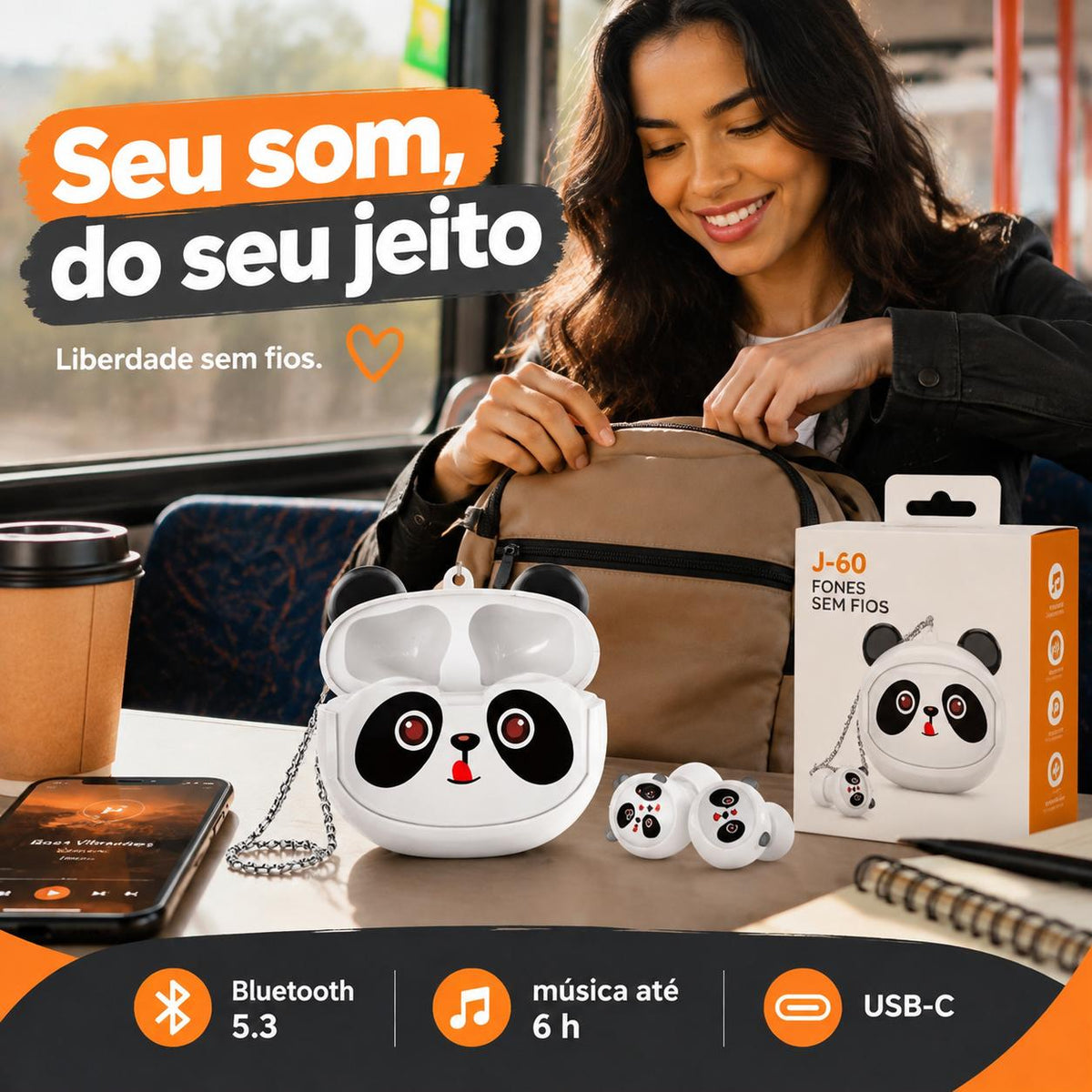Fone Bluetooth Panda TWS 5.3 com Microfone e Cancelamento de Ruído