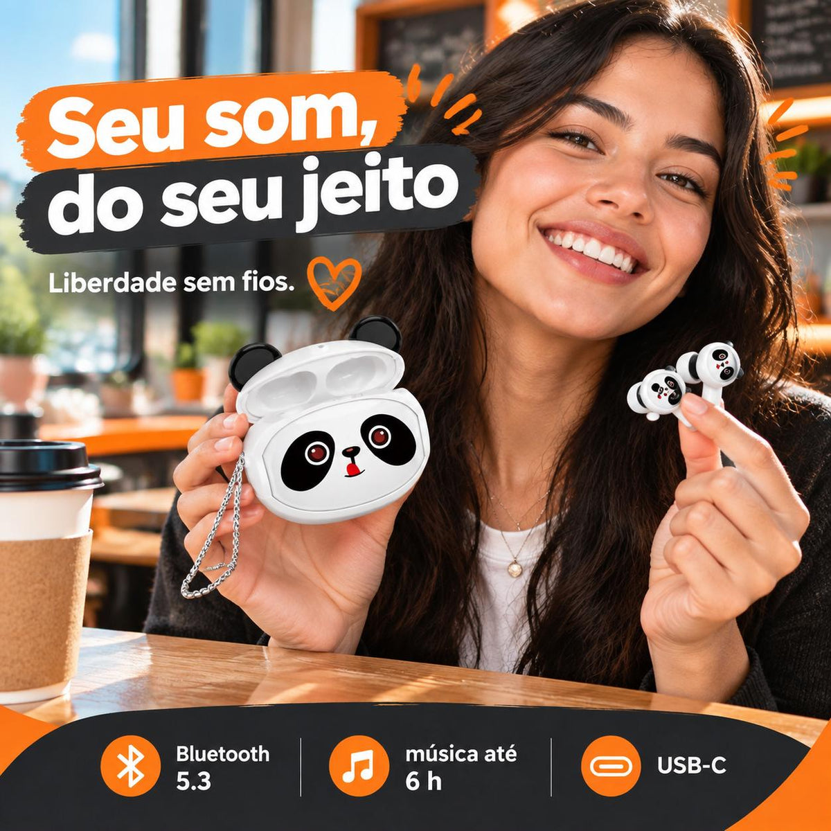 Fone Bluetooth Panda TWS 5.3 com Microfone e Cancelamento de Ruído
