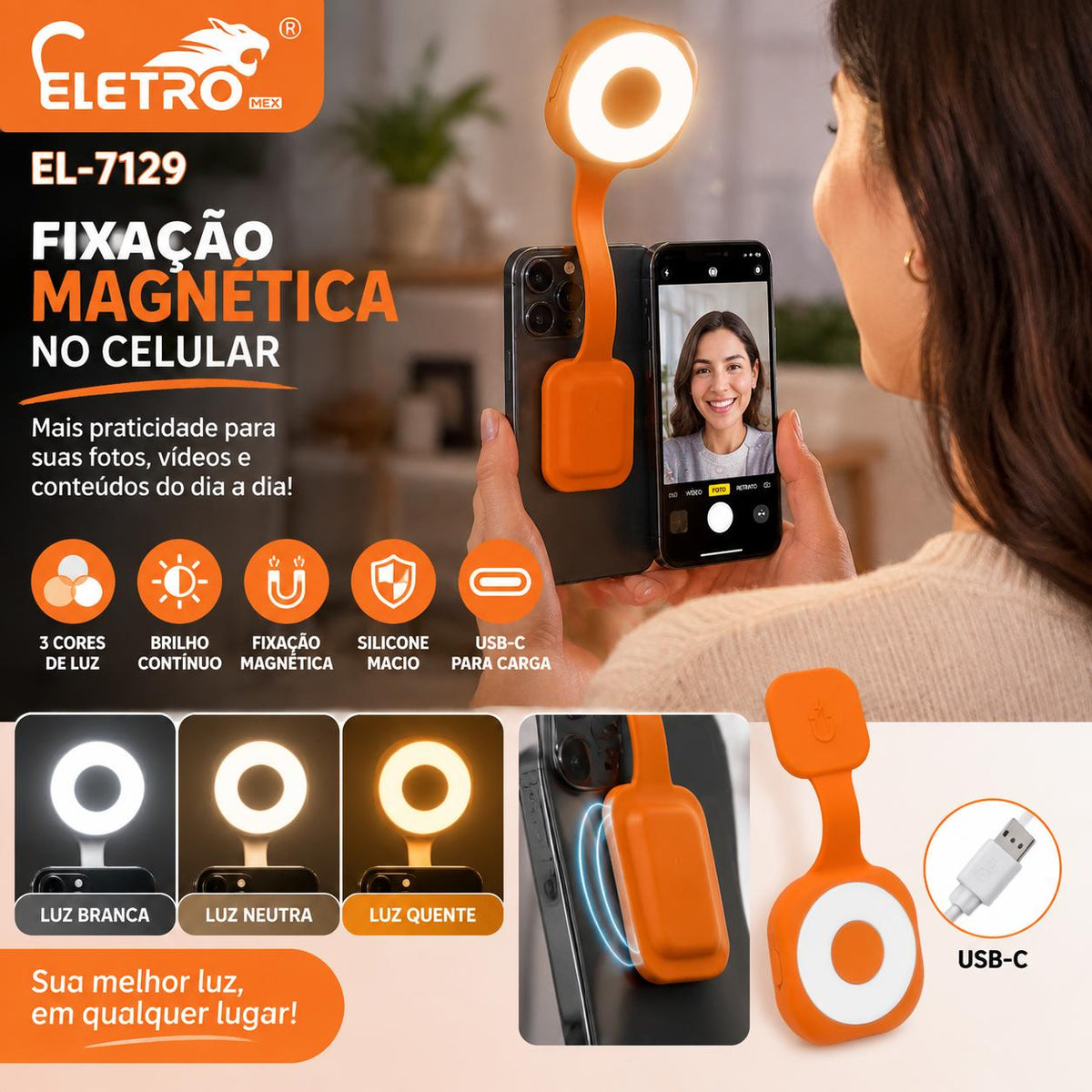 Mini Luz LED RGB Magnética Recarregável para Celular e Câmera