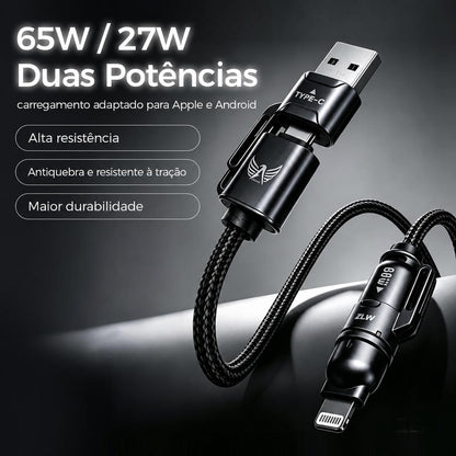 ALTOMEX Cabo de Carregamento Rápido 4 em 1 USB-A USB-C Lightning com Adaptador Duplo, Até 65W/27W, Compatível com iPhone Android Tablet Fone e Power Bank 【FB】