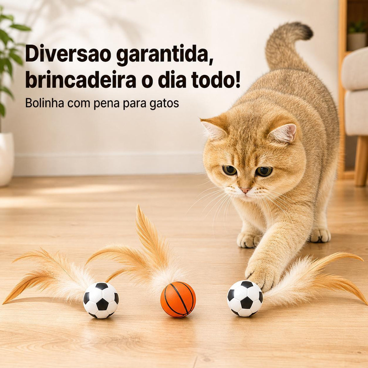 Brinquedo Interativo para Gatos 2 em 1 – Bola com Penas