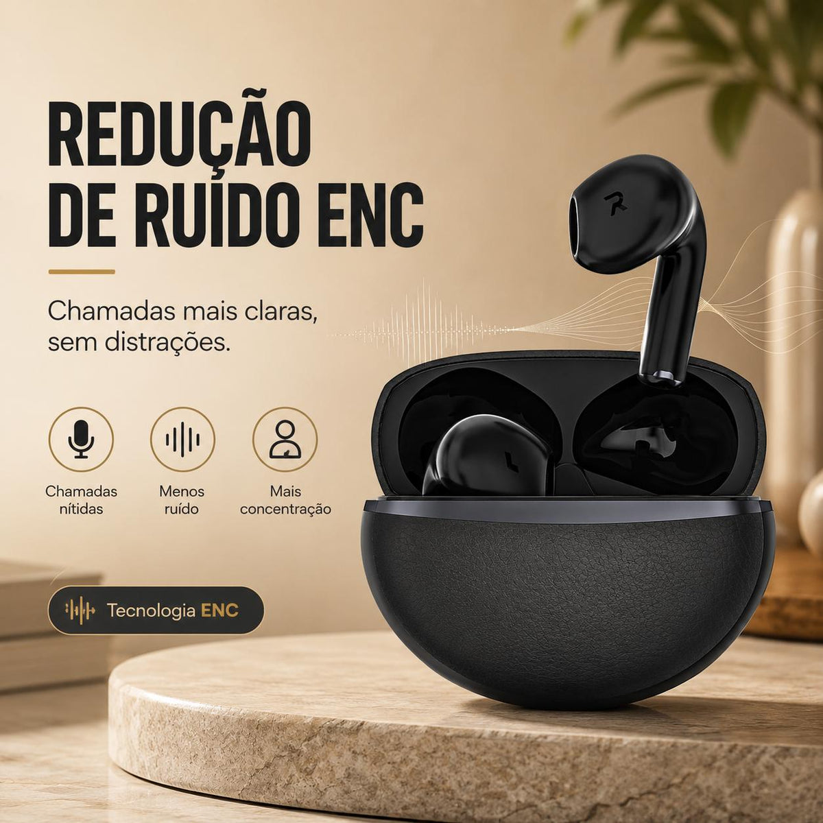 Fone Bluetooth Eletro com cancelamento de ruído ENC e estojo portátil