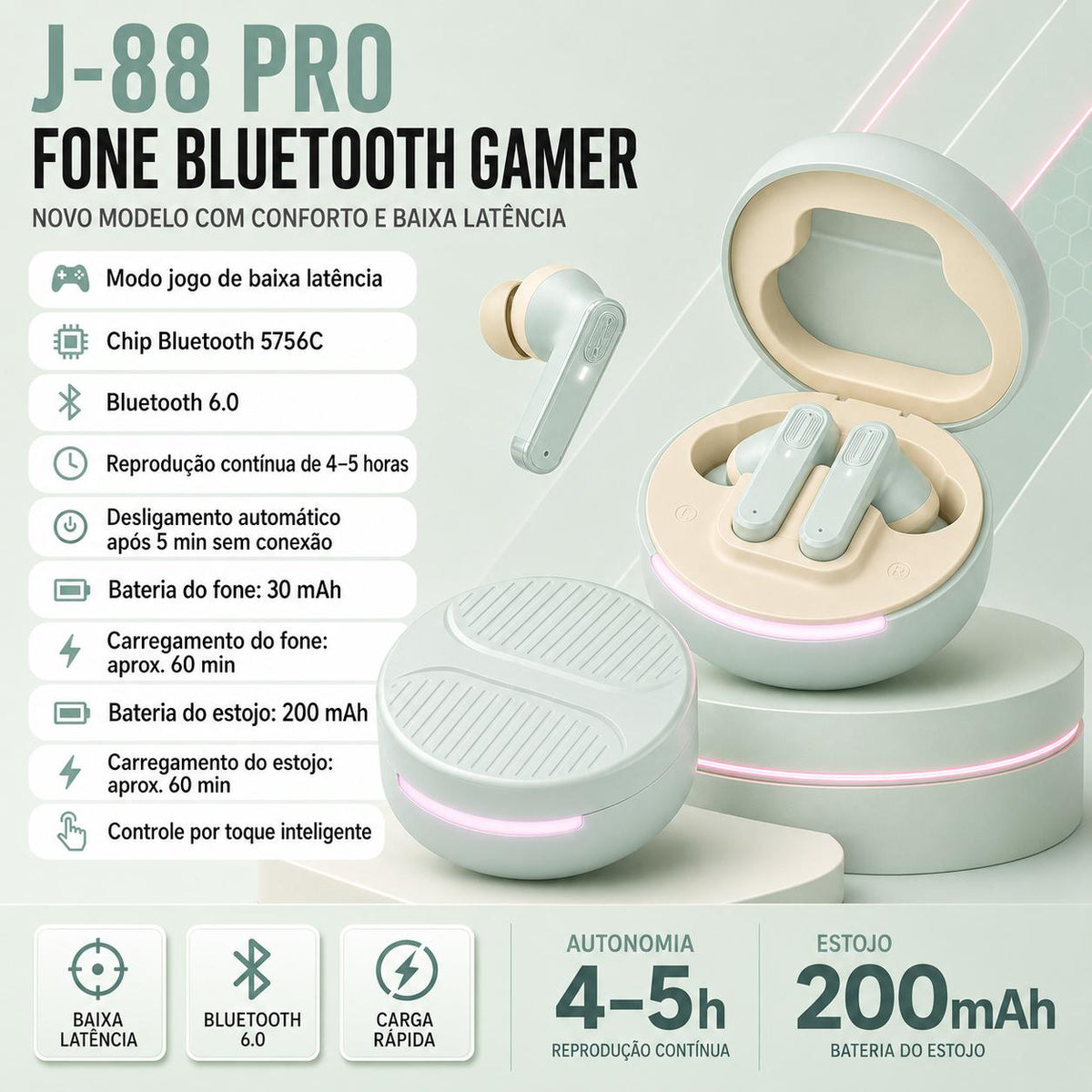 Fone Bluetooth gamer Eletro com baixa latência para jogos e uso sem fio