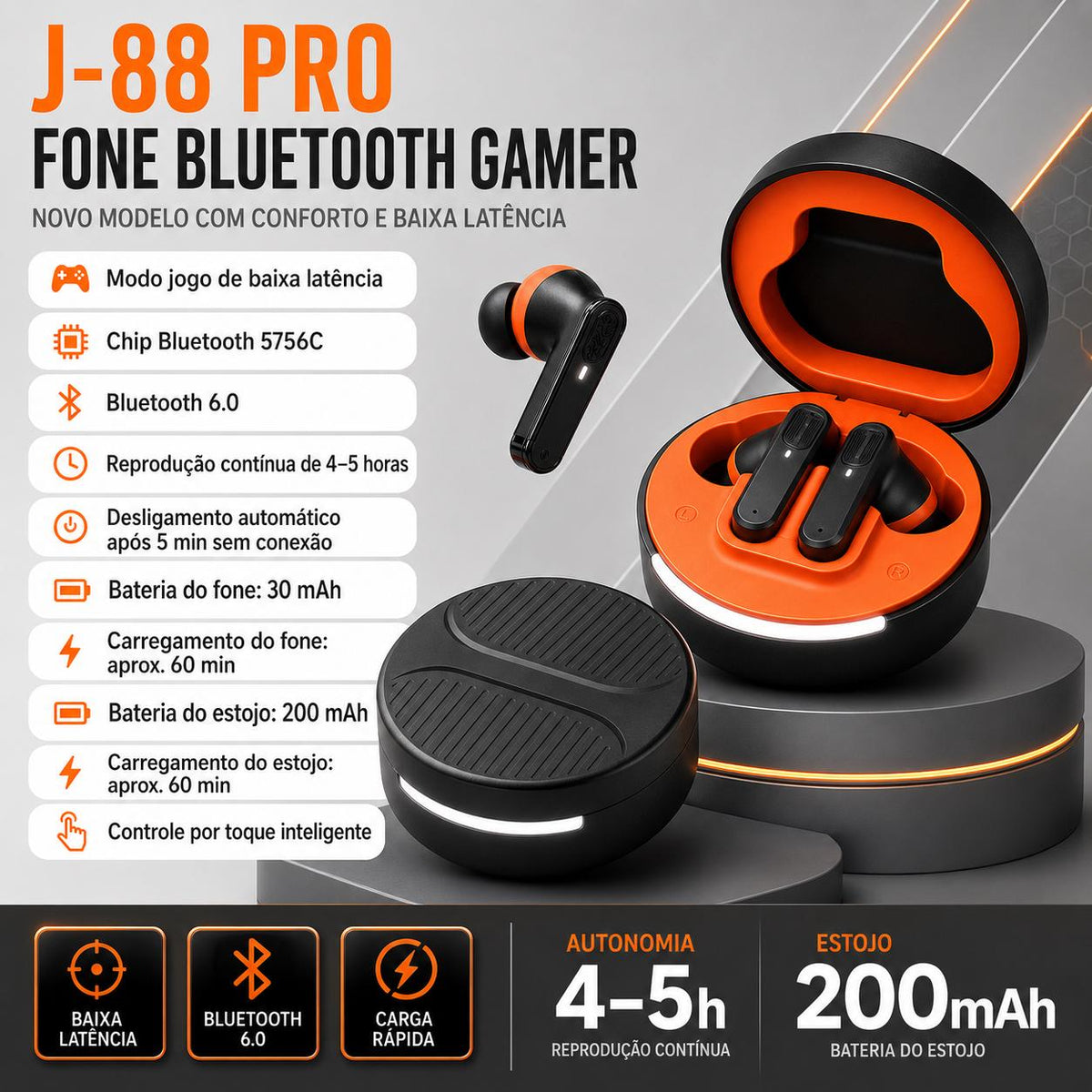 Fone Bluetooth gamer Eletro com baixa latência para jogos e uso sem fio