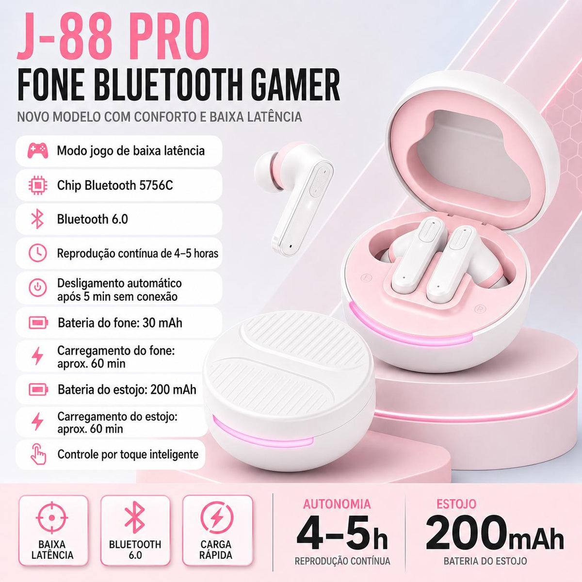 Fone Bluetooth gamer Eletro com baixa latência para jogos e uso sem fio