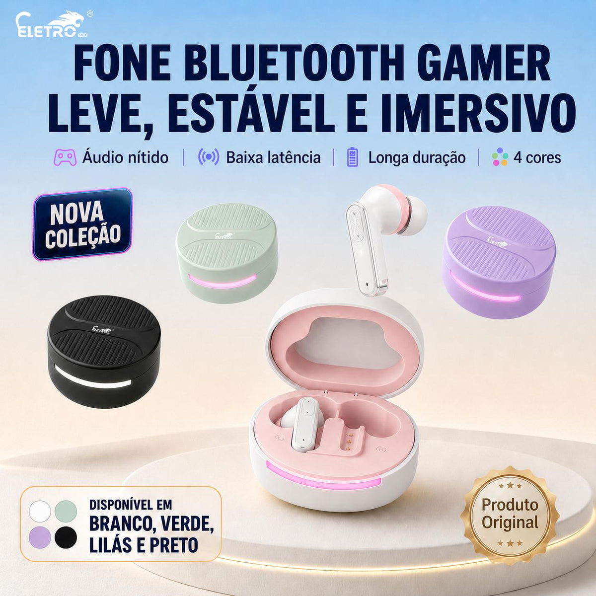 Fone Bluetooth gamer Eletro com baixa latência para jogos e uso sem fio