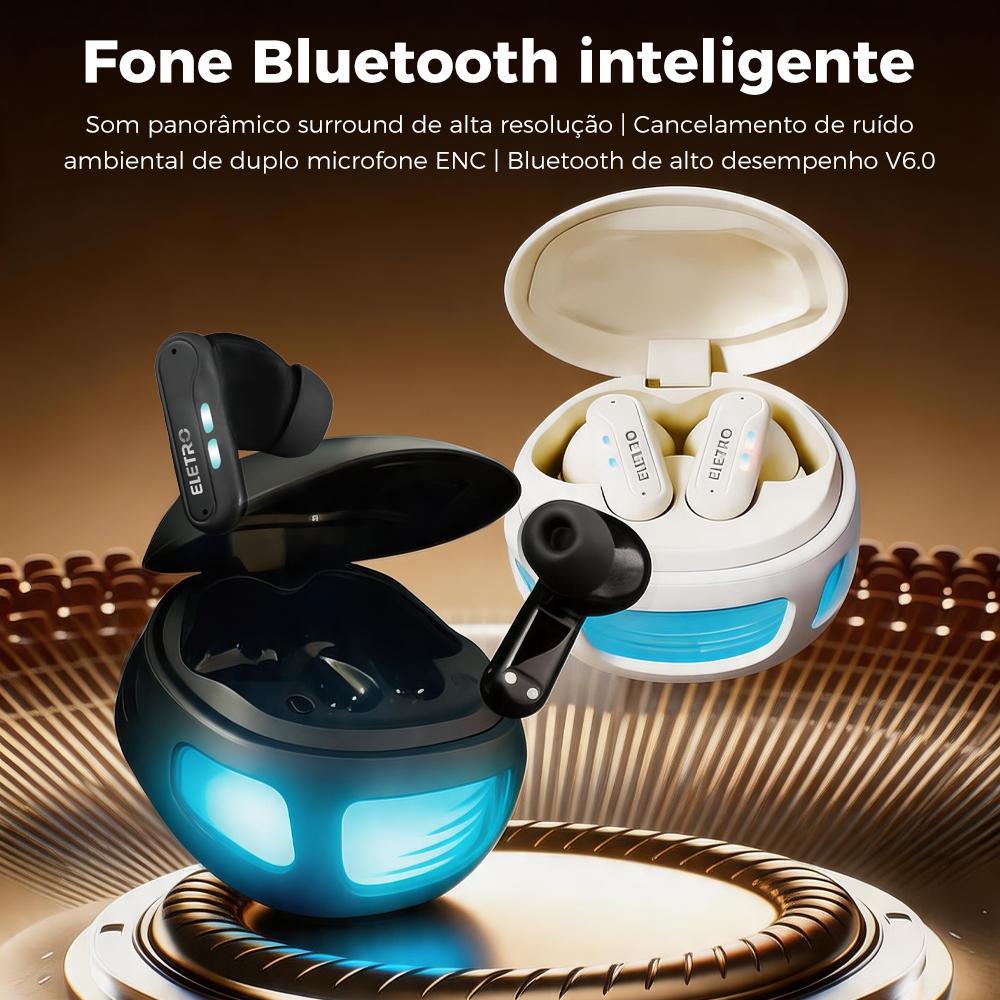 Fone Bluetooth gamer Eletro com estojo de carregamento LED para música e jogos