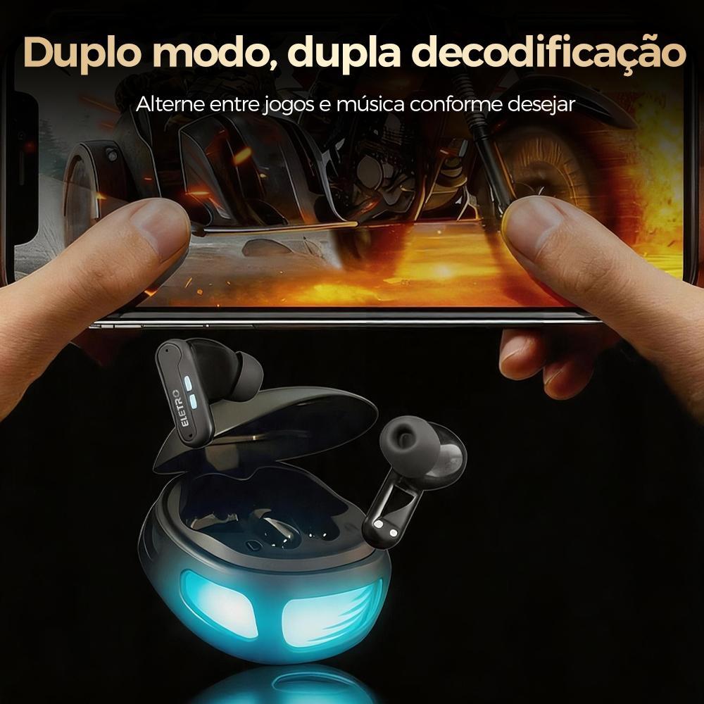 Fone Bluetooth gamer Eletro com estojo de carregamento LED para música e jogos