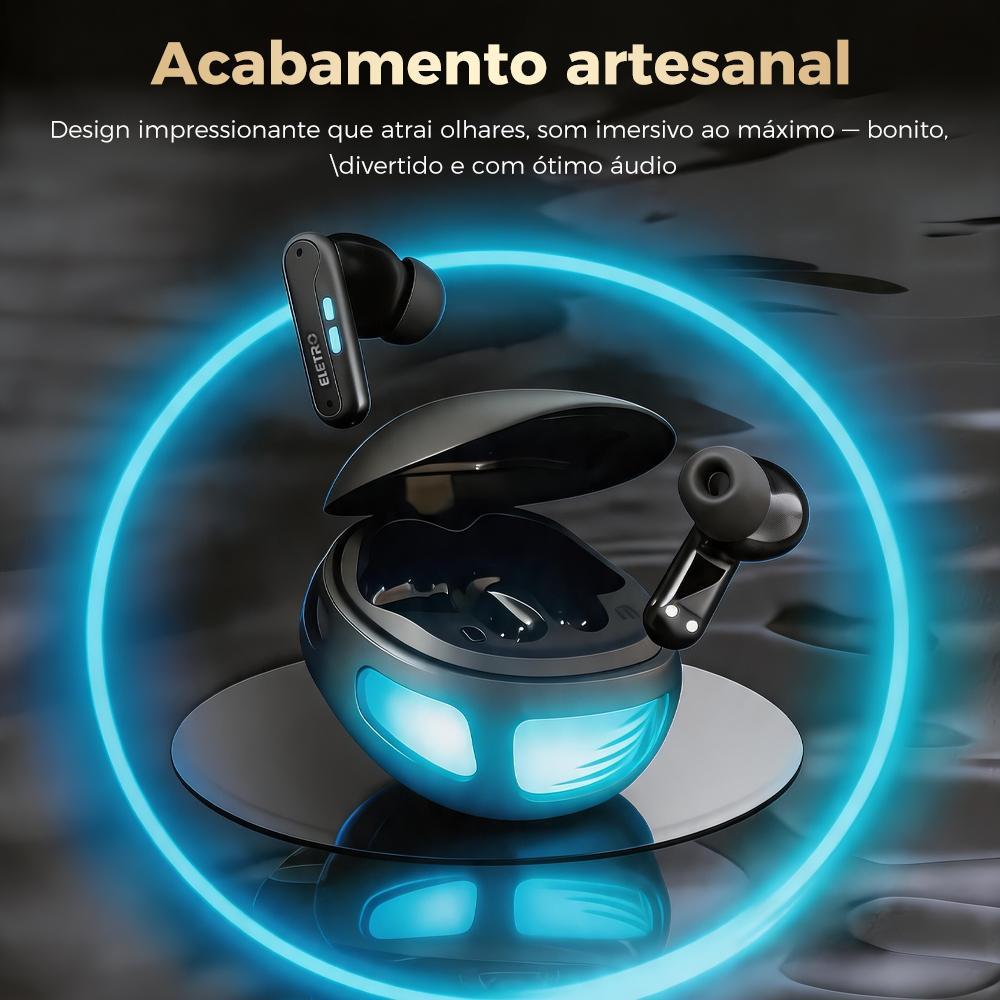 Fone Bluetooth gamer Eletro com estojo de carregamento LED para música e jogos