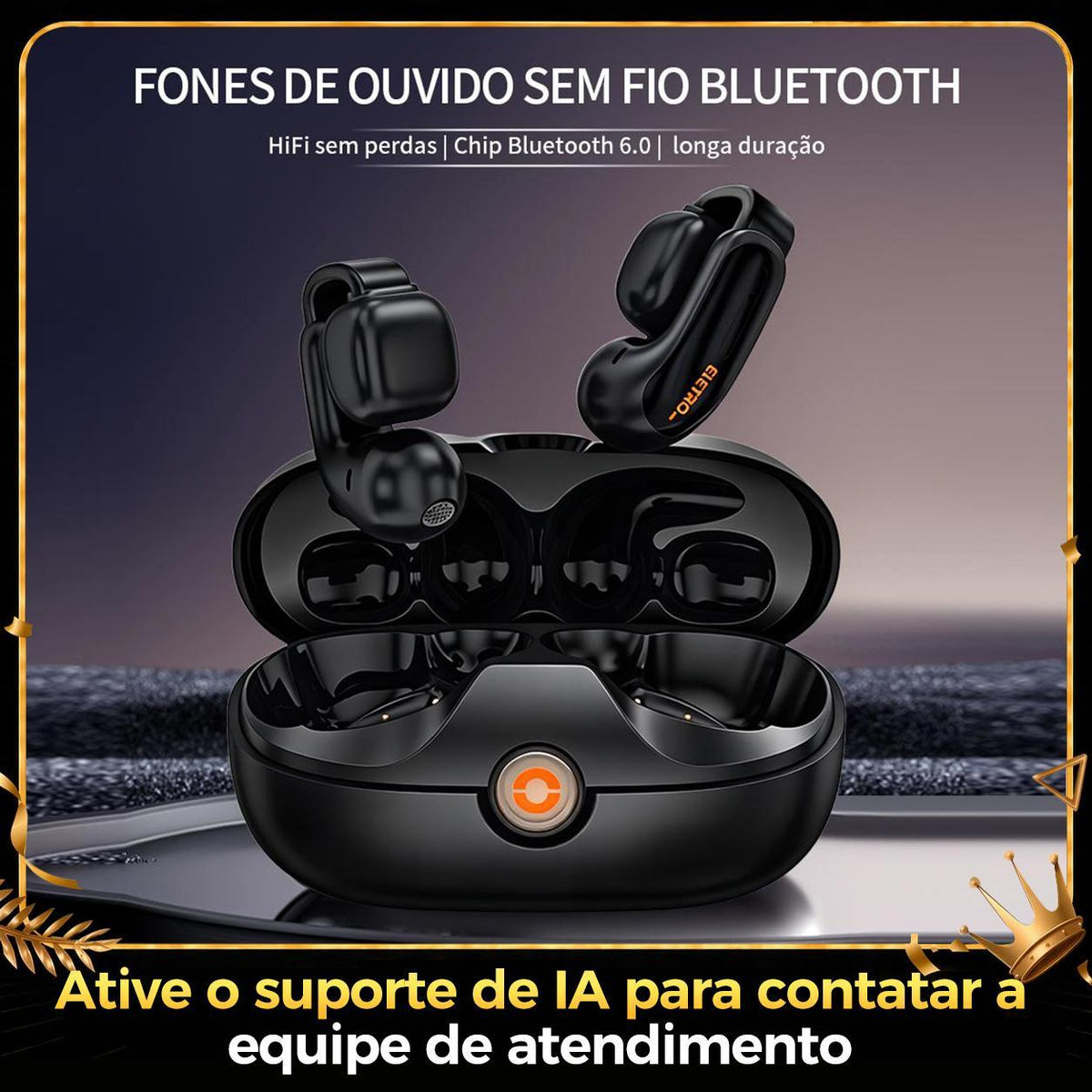 Fone Bluetooth open-ear Eletro com clip esportivo para uso sem fio