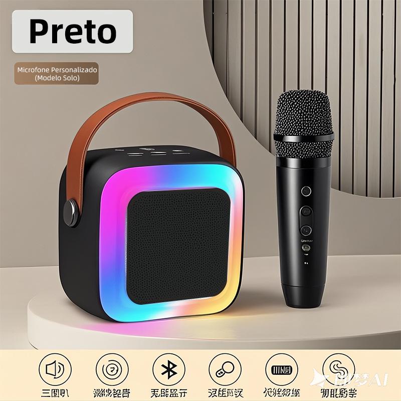 Microfone Bluetooth Eletro com caixa de som, função karaokê e luz LED da Vapto