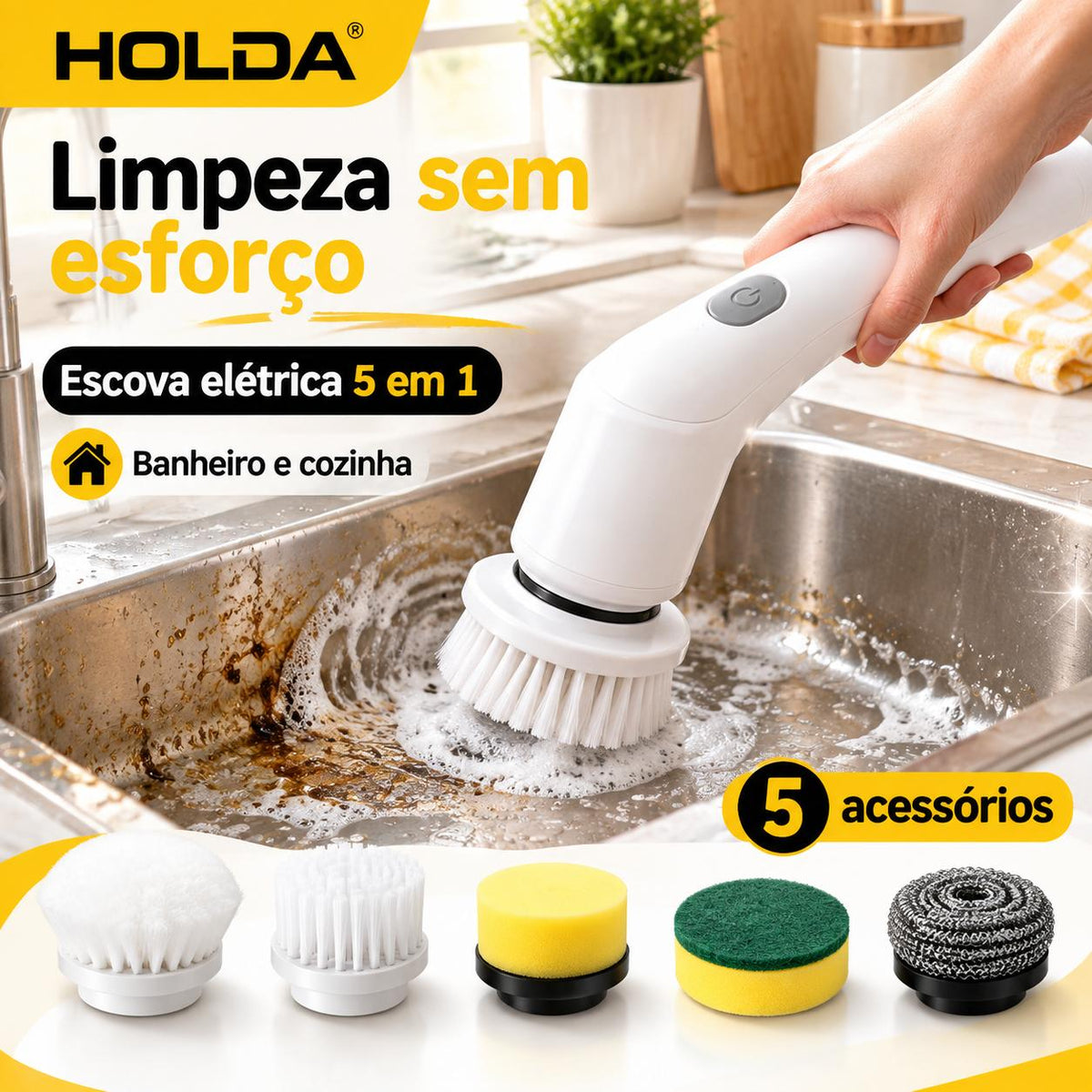 Escova Elétrica de Limpeza 5 em 1 Recarregável Multiuso