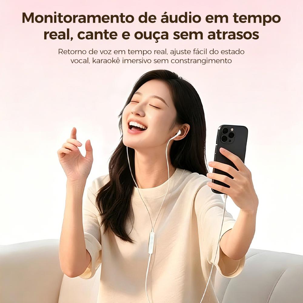 Fone profissional com fio, controle e placa de som para karaokê da Vapto