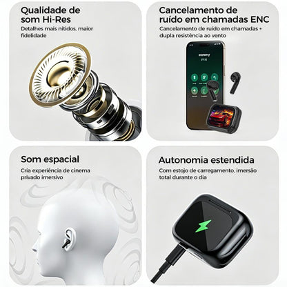 Fone Eletro Bluetooth TWS com tela, cancelamento de ruído e chamadas da Vapto