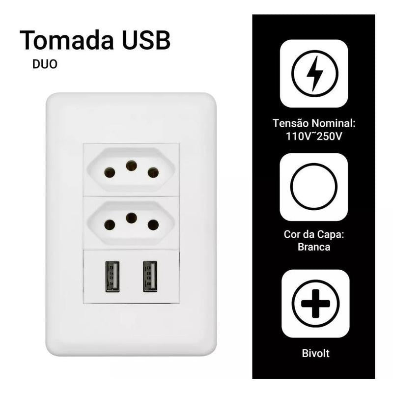 Kit com 2 tomadas de parede USB duplas bivolt para carregamento e alimentação da Vapto