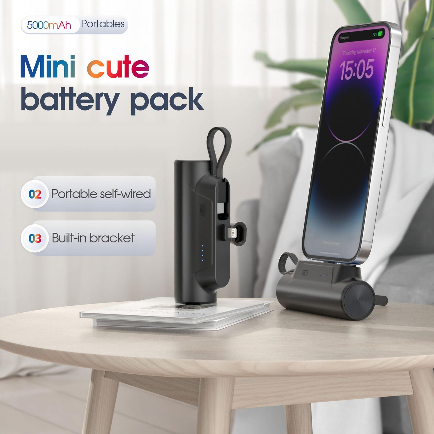 Mini power bank portátil de 5.000 mAh com suporte para celular da Vapto